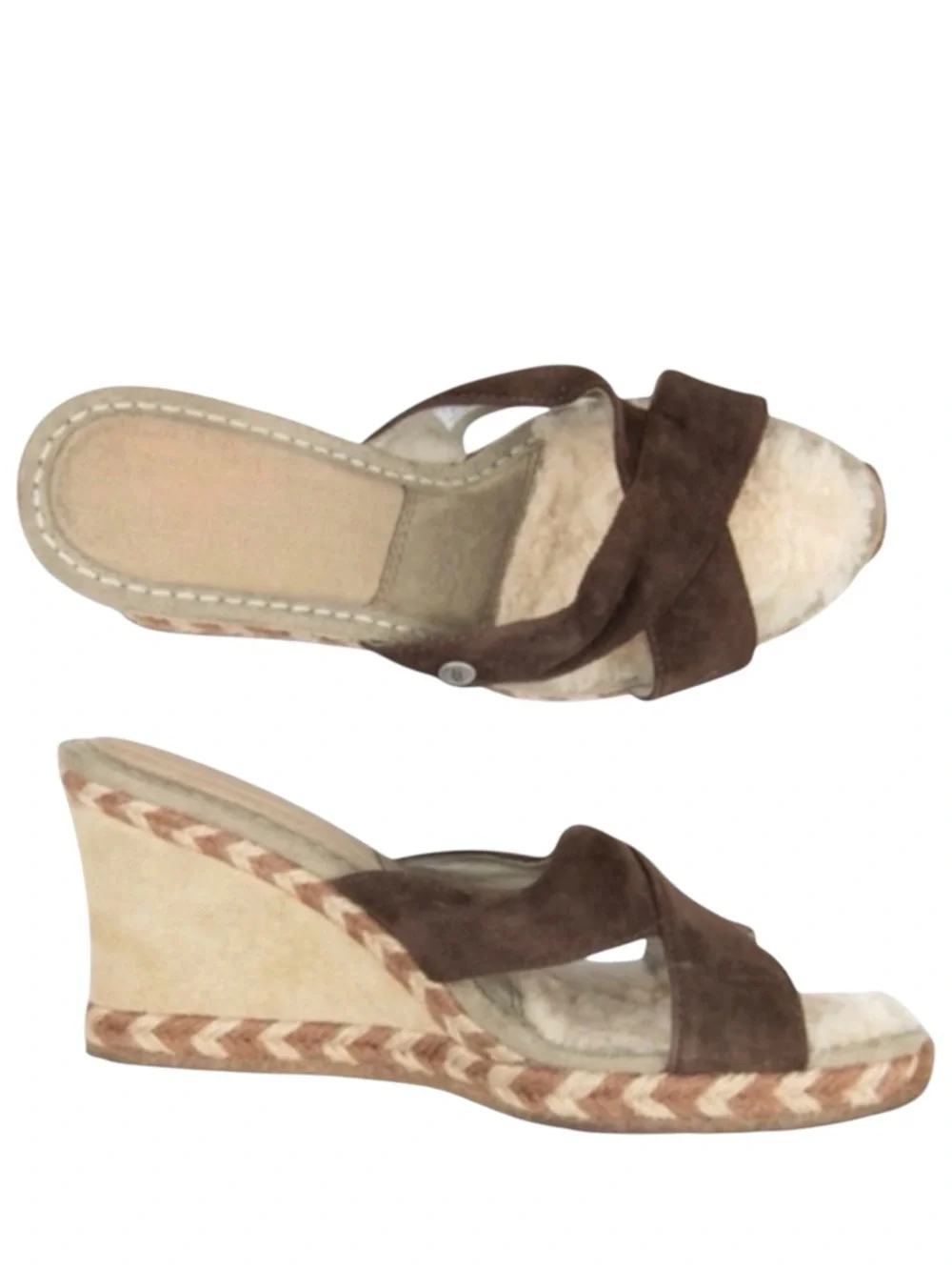 Ugg Brown Suede Criss Cross Wedge Slide Sandals Womens Size 10 Platform Heel Tan